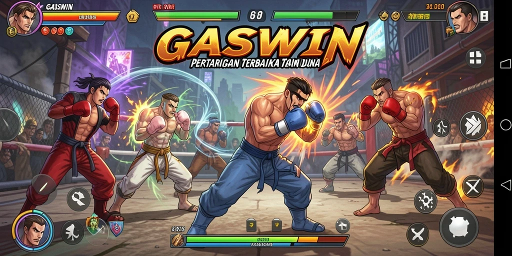 Tampilan gameplay GASWIN yang menampilkan aksi pertarungan seru di arena.