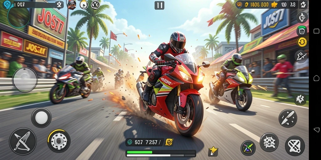 Screenshot gameplay JOS77 menampilkan aksi balapan motor yang penuh adrenalin.