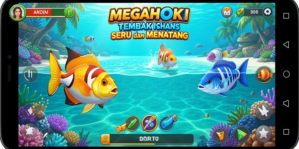 Tampilan gameplay seru dari MEGAHOKI dengan aksi menembak ikan.