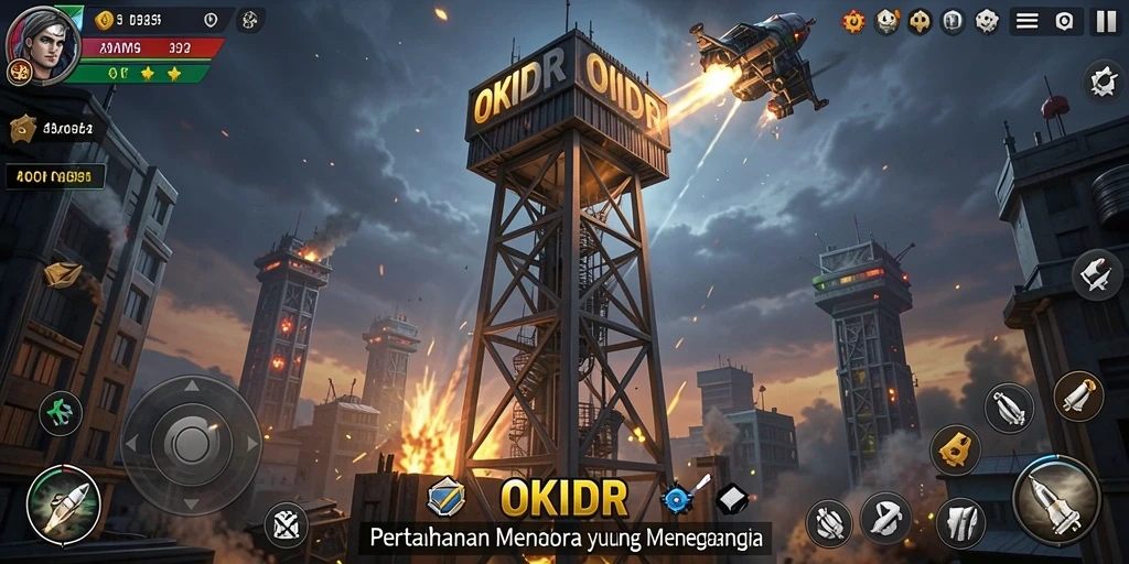 Screenshot OKIDR dengan tampilan seru dalam permainan Tower Defense.